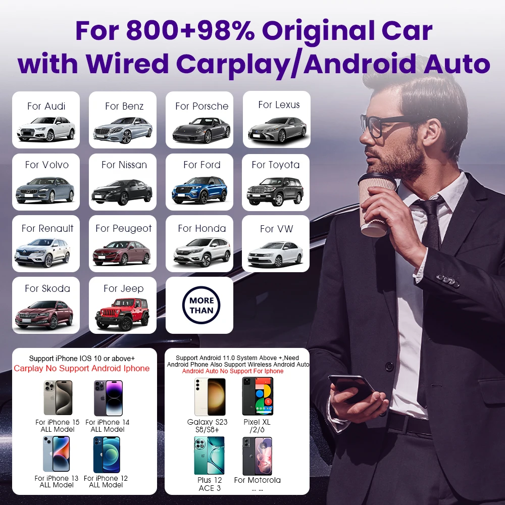 Wired to Wireless Carplay Adapter Wireless Android Auto Dongle 5GHz WiFi Plug & Play OTA Update For Audi Benz Volvo VW Toyota