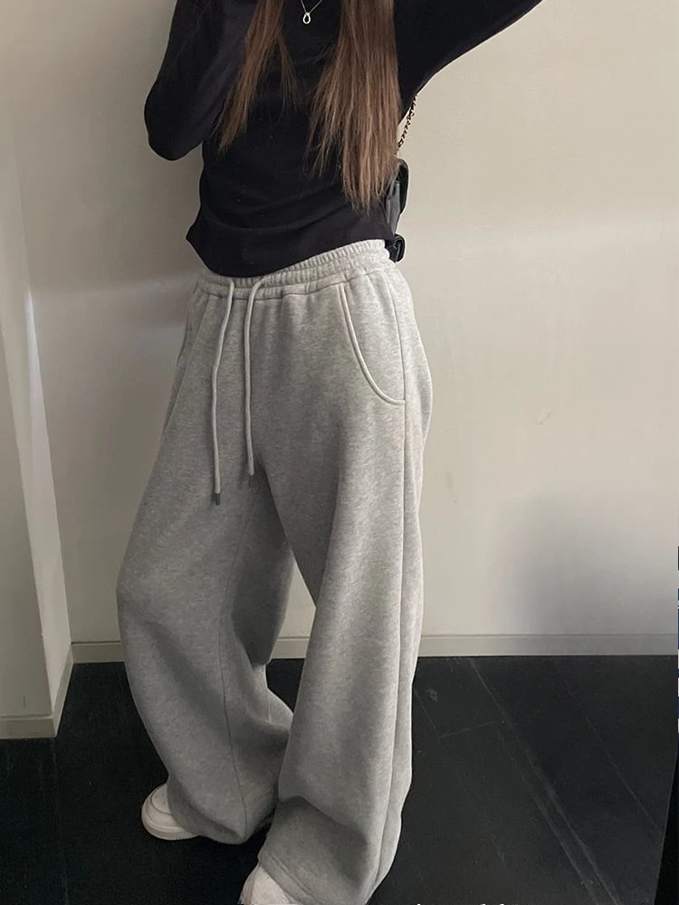 HOUZHOU Vintage Y2k Baggy Gray Sweatpants Warm Joggings Korean Style Oversize Thick Pants Harajuku Casual Trousers Winter Autumn