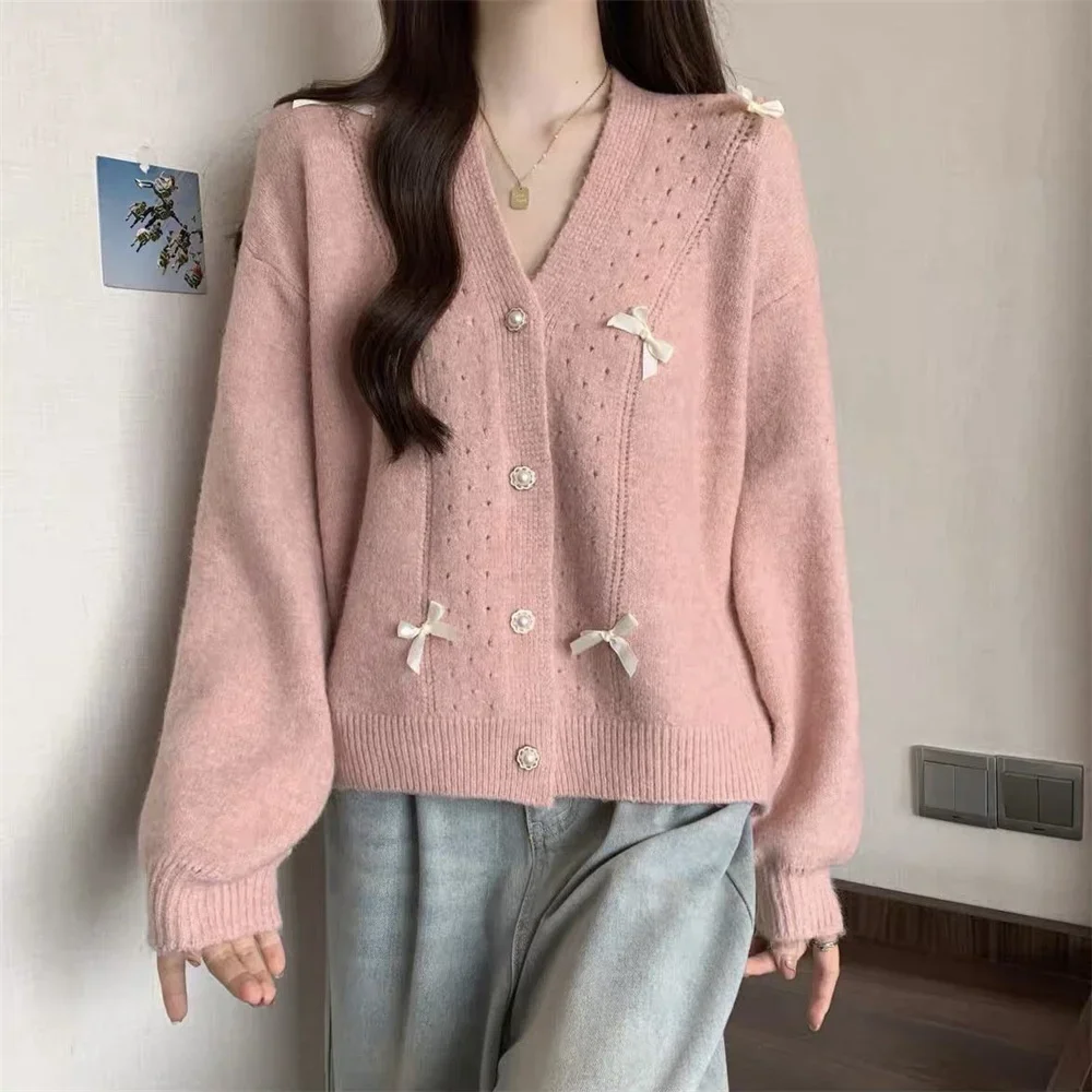 

2024 Мягкий свитер, вязаный кардиган, корейский женский новый розовый кардиган с французским бантом, топ с длинными рукавами, модная женская одежда