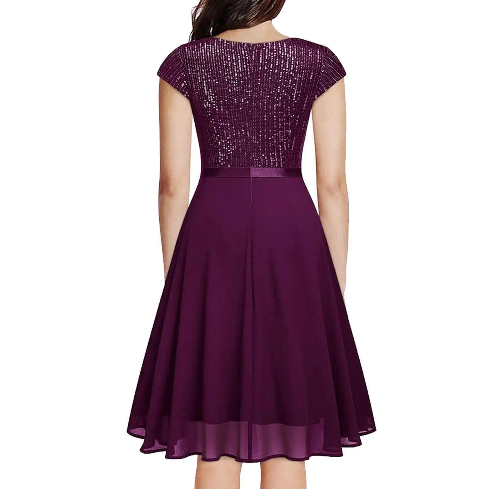 Elegante Partykleider für Frauen, Pailletten-Spitze-Chiffon-Kleid, Abendpartykleid, V-Ausschnitt, kurze Ärmel, Spitzen-Chiffon-Kleid