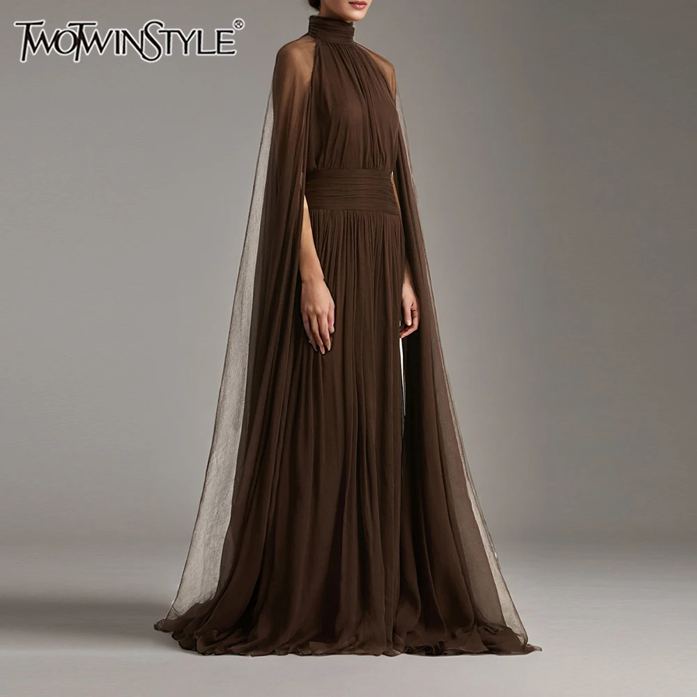 

TWOTWINSTYLE Solid Sheer Spliced Mesh Elegant Dresses for Women High Neck Long Sleeves Patchwork Folds Dress Female Fashion New