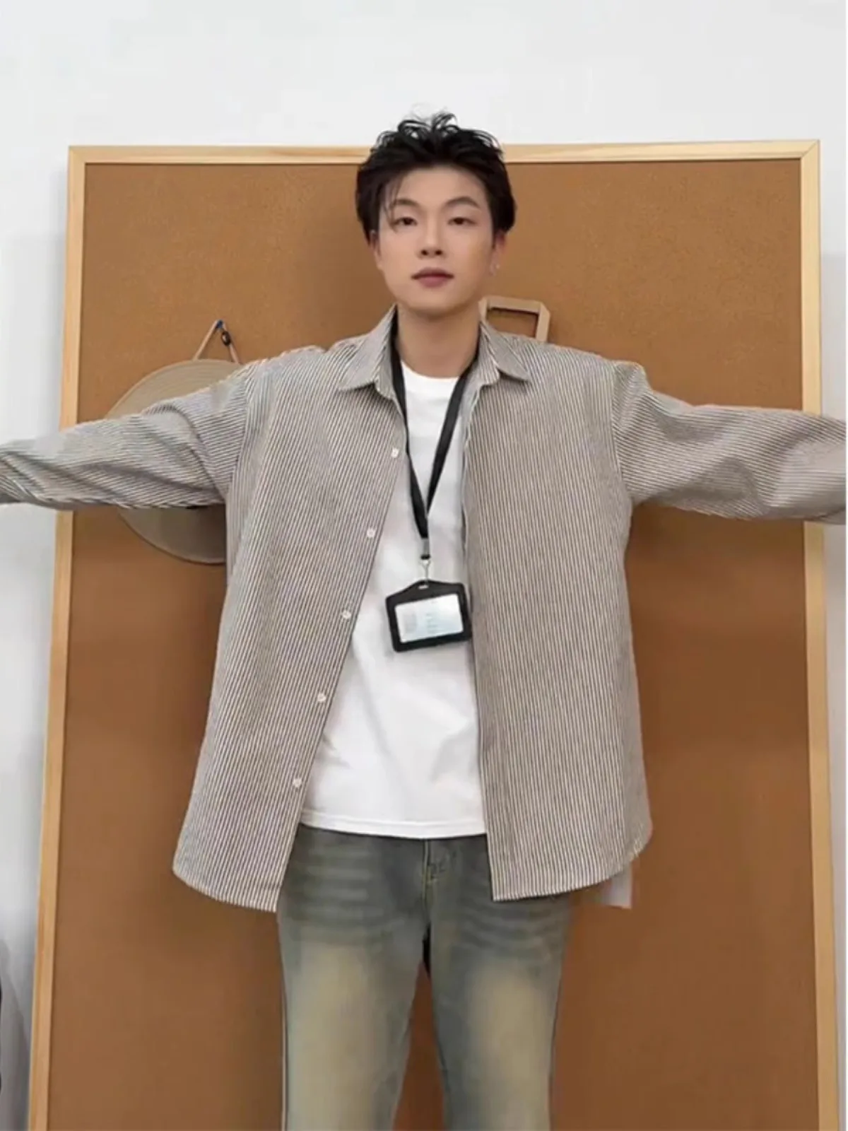 

Bla Stripe Men's irt Spring Autumn Loose Inner Wear Long Sve Outerwear American Retro Cleanfit Spring Opening