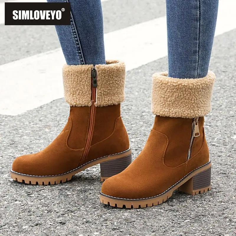 

SIMLOVEYO женские ботинки до середины икры с круглым носком, 6 см, блочный каблук, молния, флоковая замша, уличный теплый зимний дизайн, оверсайз, размер 43, повседневный