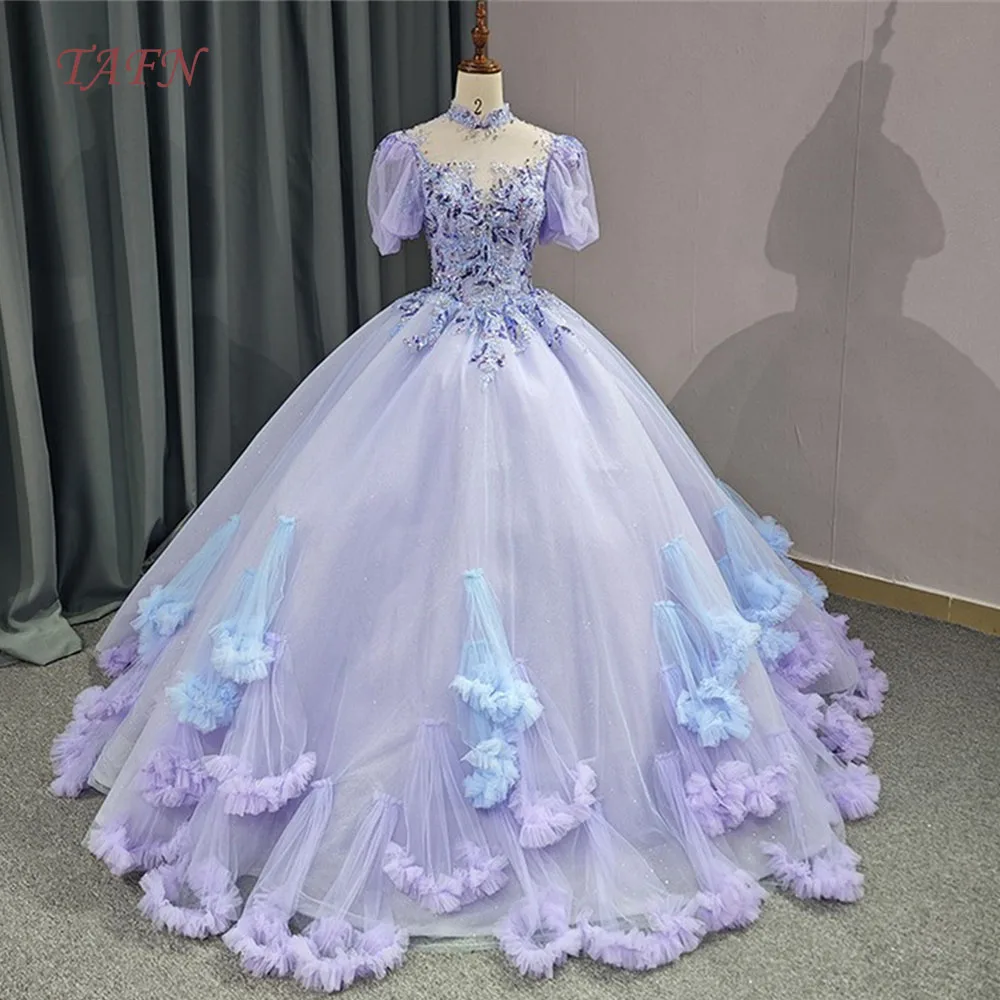 

TAFN Lavender Luxury Quinceanera Dresses High Collar Short Sleeves Beading Appliques Ball Gown Sweep Train A-line Lace-up