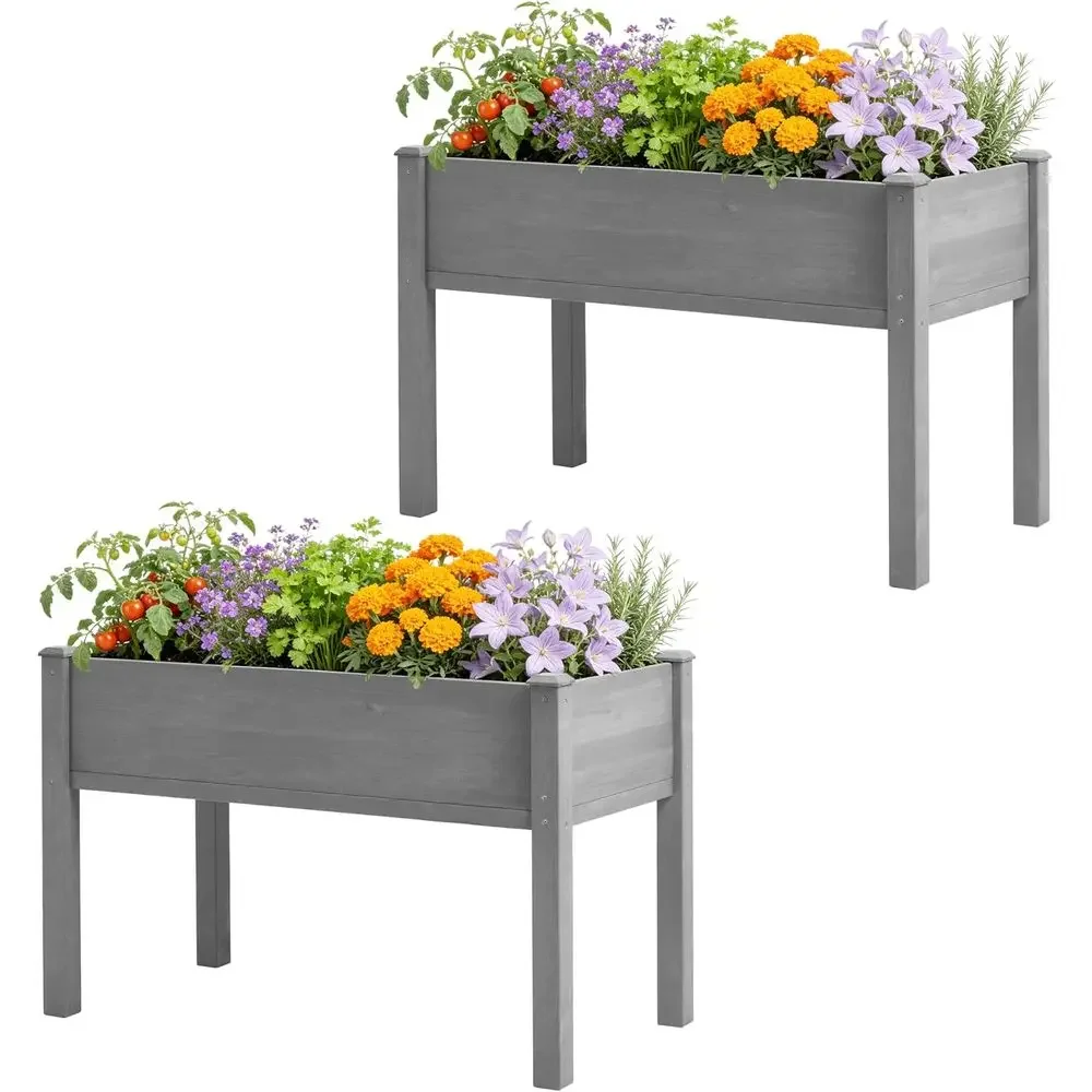 Raised Garden Bed Set, 48x24x30, Outdoor Elevated Wood Planter Box, Grey Cement, Thick Legs, with Liner