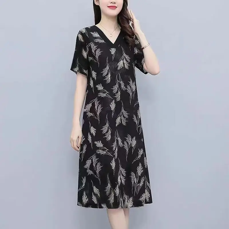 Verão novo francês retro v-neck elegante impressão meados de comprimento da cintura chiffon vestido feminino