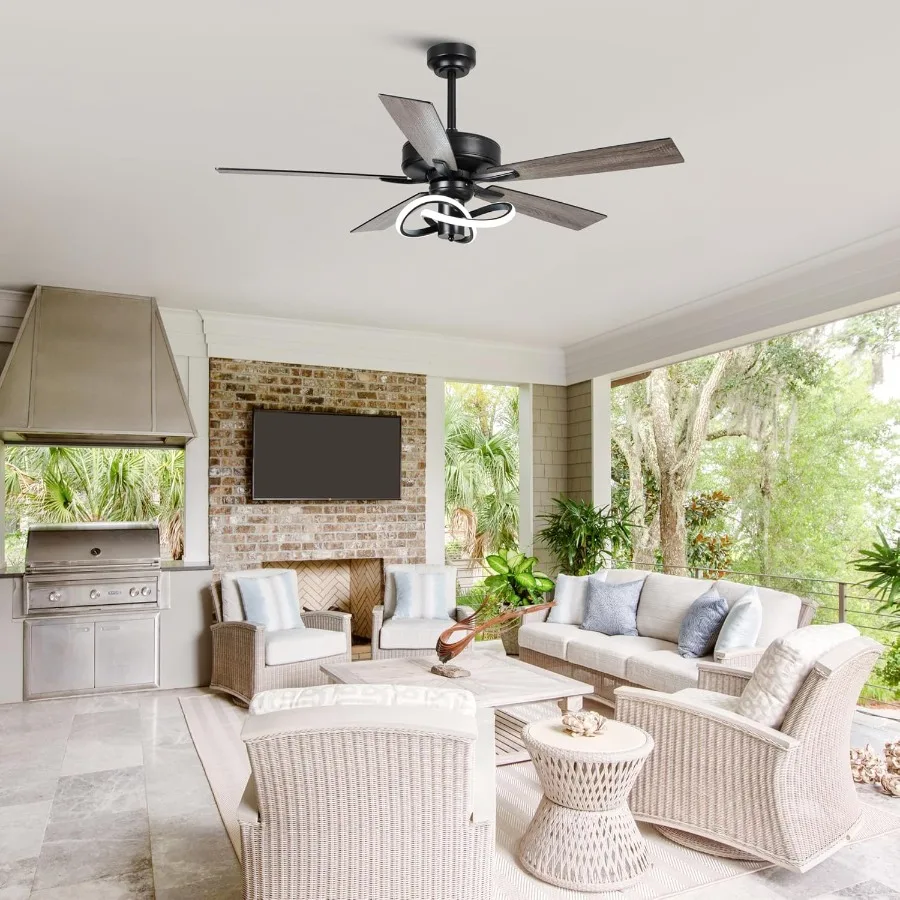 Ventilador de teto de 52 polegadas com luz integrada e controle remoto para quarto Design preto de baixo perfil adequado para pátios ao ar livre F