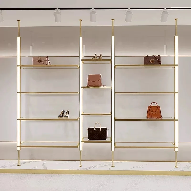 custom.Elegance Shoe Showroom Furniture Design Boutique Gold Footwear Display Shelves Retail LED Shoes Wall Display Rack
