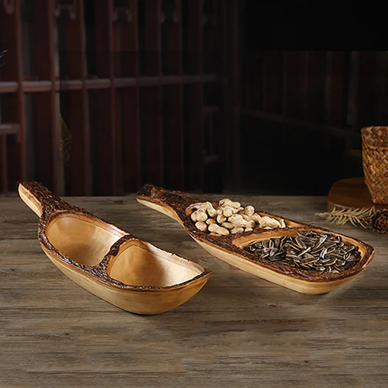 

Solid Wood Bark Dried Fruit Plate Living Room Dining Table Decor Zen Style Ornament Candy Snack Dish Decorative Item