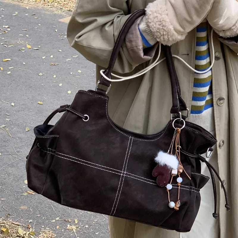 

Korean Ruched Tote Bag Contrast Stitching Casual Bag With Cute Pendant Multi-pocket Design Women's Versatile Minimalist Handbag