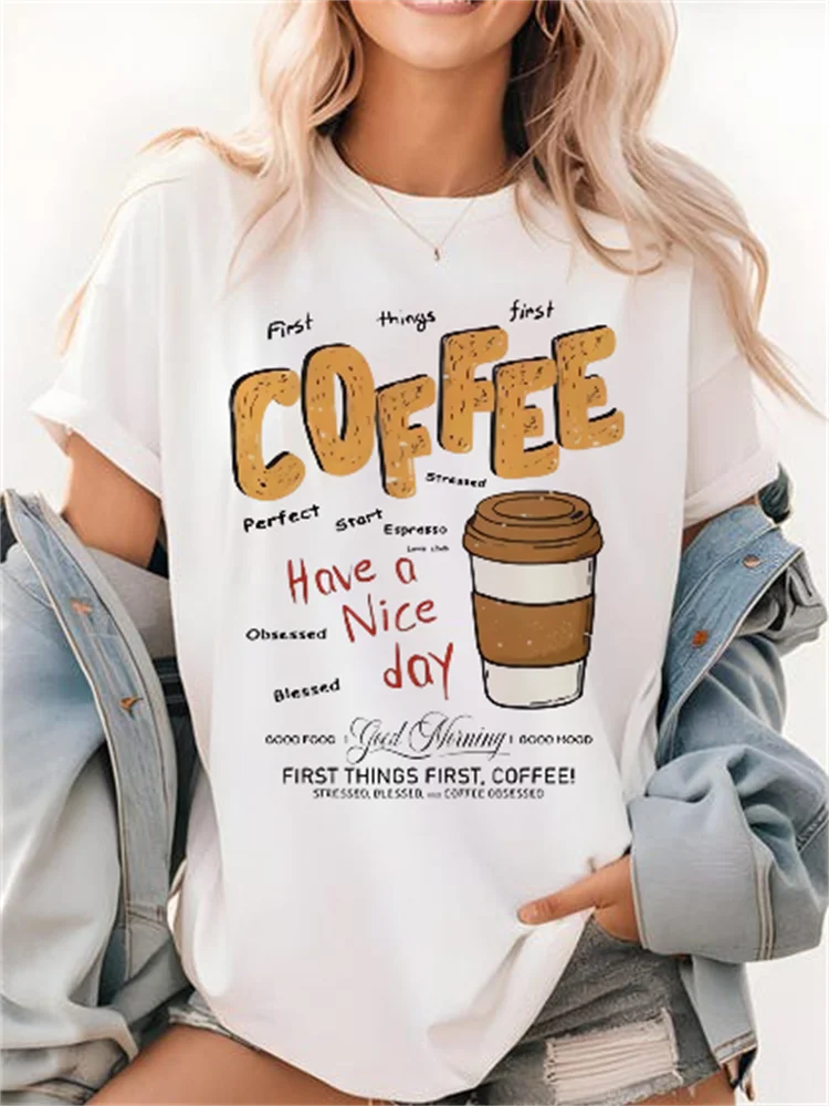 Coffee Nice Day Pattern Printed Retro T-Shirt Printed Women's Street Casual Short Sleeve Round Neck Style Travel Summer T-Shirt
