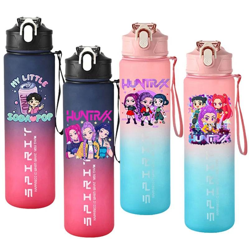 800ml Kpop Demon Hunters niñas niños botellas de agua al aire libre Anime portátil grandes vasos de agua con pajita botella deportiva de dibujos animados