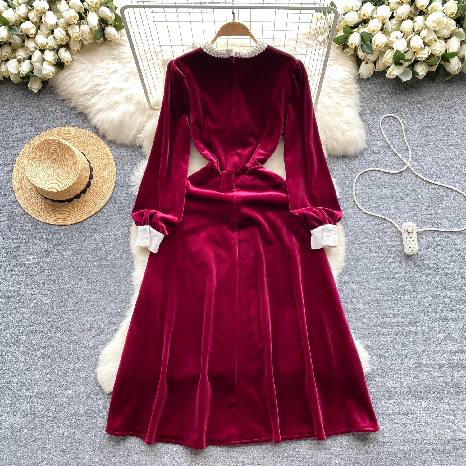 Chic Stand Collar Puff Sleeve Elegant Beading Evening Party High Street Women Vintage Korean Fashion Women Autumn Slim Dress