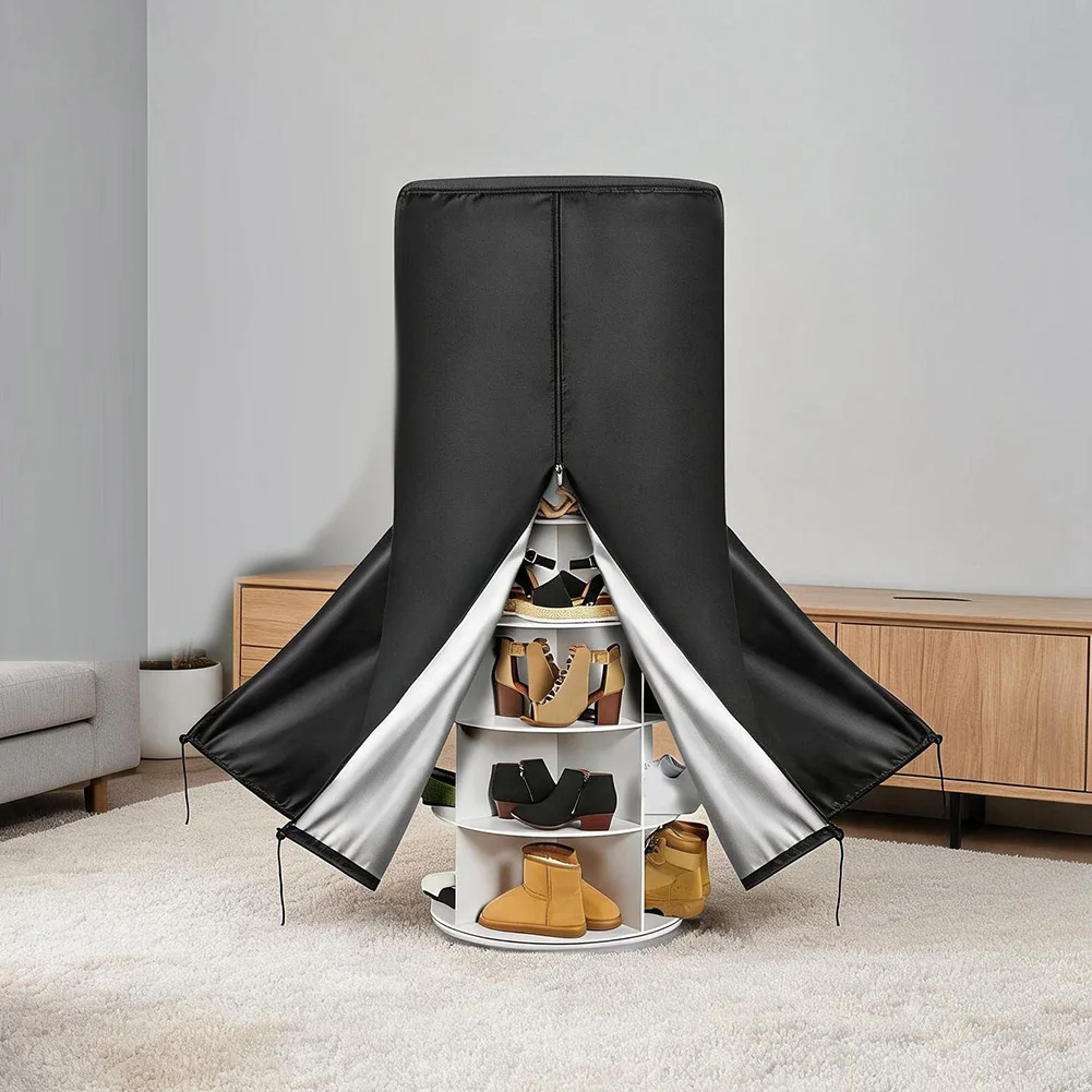 Rotating Shoe Storage Tower Cover with Dual Side Zippers for Quick Shoe Retrieval and Drawstring Hem for Customized Snug Fit