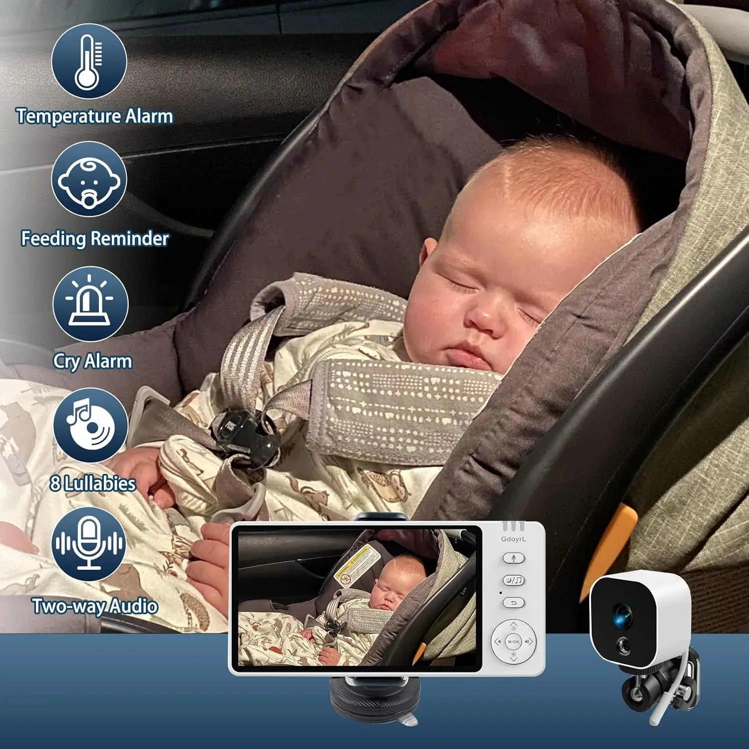 Baby Car Camera Backseat Wireless Baby Monitor with Camera (Max. Range 1000FT) Multifunctional HD Night Vision Wide View 5'' 108