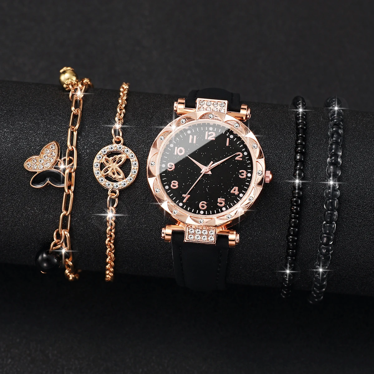 5PCs/Set Women Fashion Watch Butterfly Bracelet Set Black Leather Strap Quartz Watch