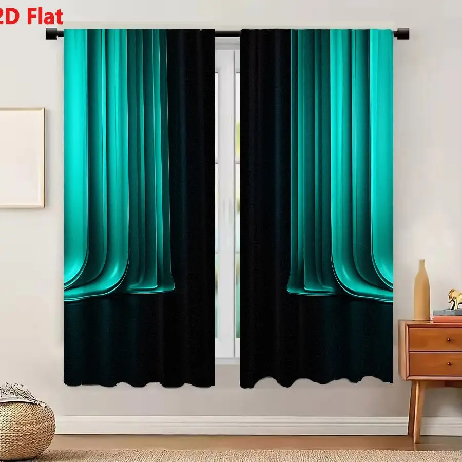 2Pcs Curtains 2D Flat Symmetrical Abstract Glowing Teal Curtains Dark Void Futuristic Background Window Drapes for Bedroom Room