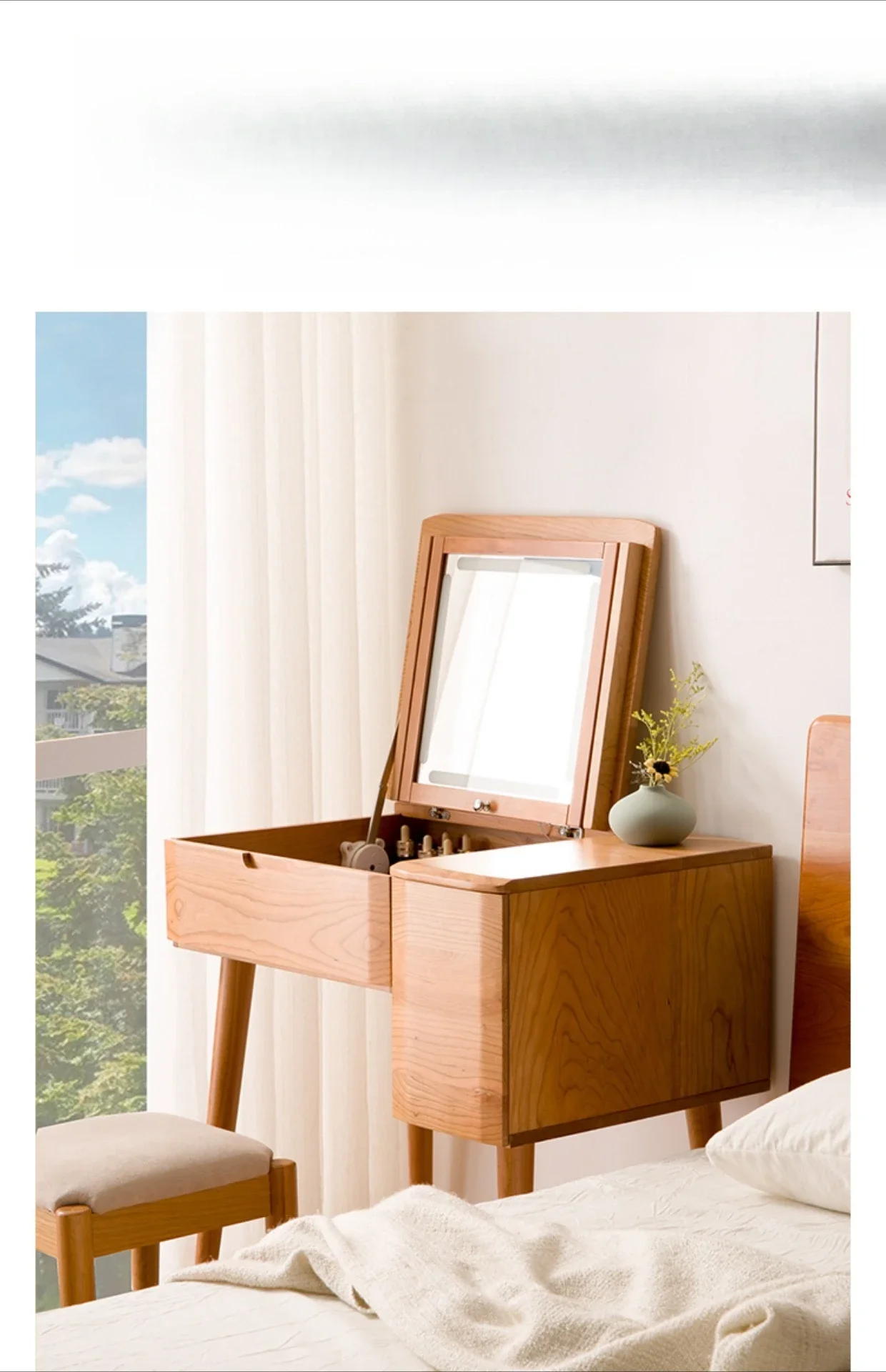 Style japonais, bois massif, coiffeuse, petite clapet, chambre à coucher, coiffeuse, compacte