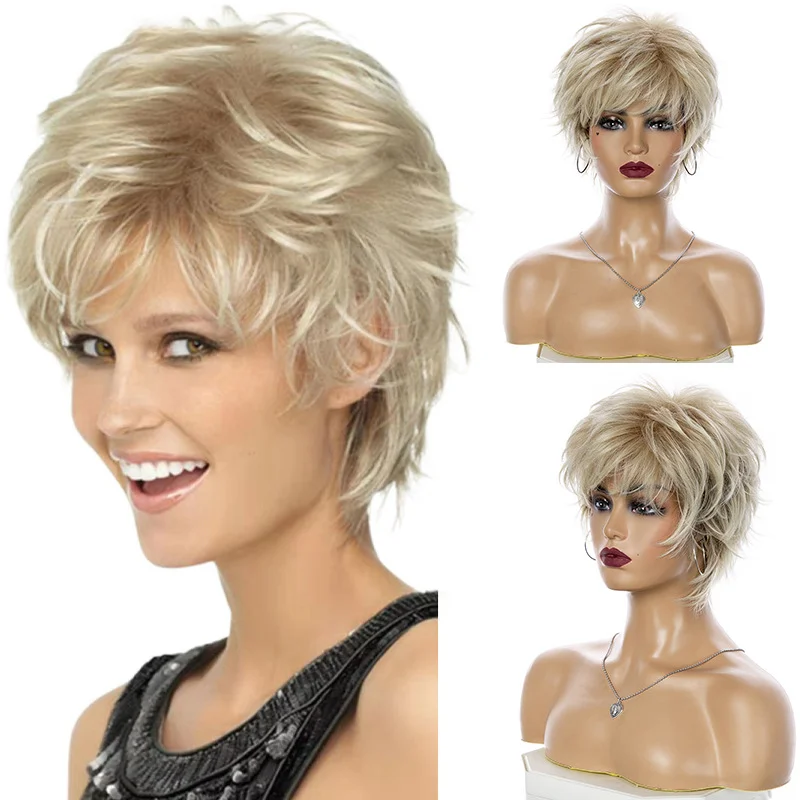 Pixie cut short synthetic wig, women's bangs, mixed natural golden brown wavy hair, wig for daily use by high-temperature mother