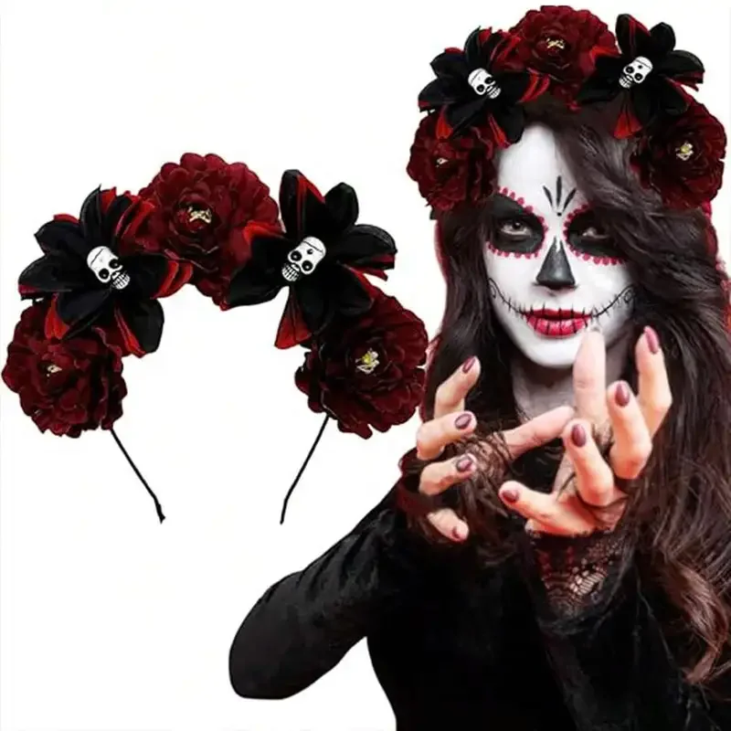A Gothic Corolla for Ladies - Double Skull and Sugar Skull Design, Which Is an Ideal Headdress for the Day of the Dead,