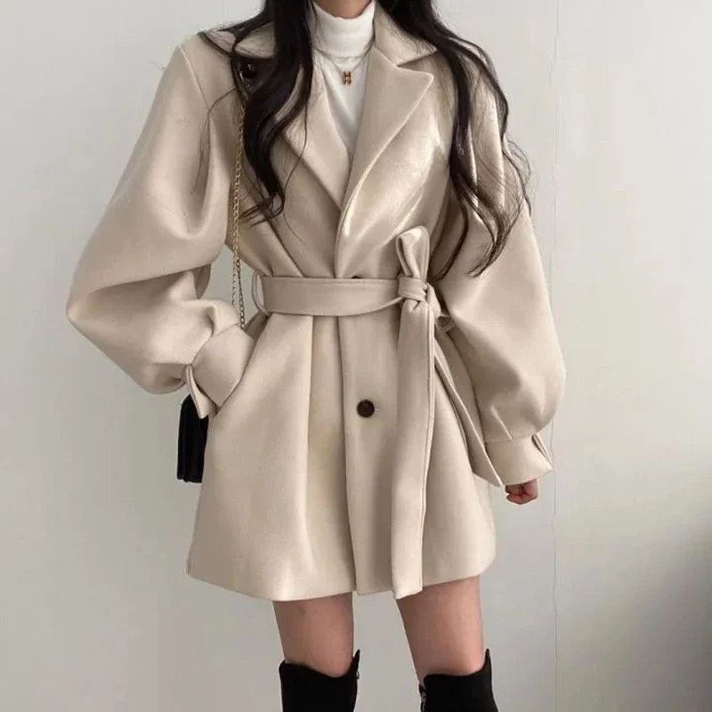 HELIAR Women Buttons Lace-up Trench Coat With Pockets Woolen Turn-down Collar Long Sleeve TRAF Coat Overcoat Women Fall Winter