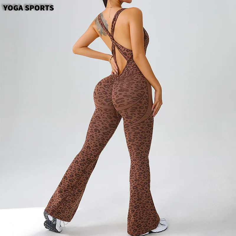 Combinaison de yoga sans couture à imprimé léopard pour femmes, vêtements de sport décontractés pour l'extérieur, tissu respirant en polyester et nylon