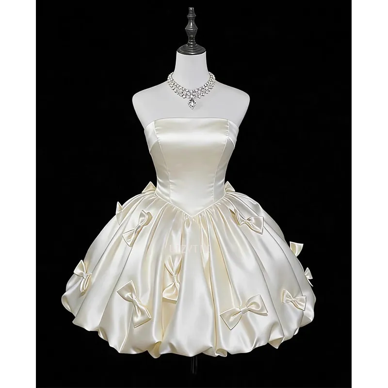

2026 New Champagne Simple Satin Prom Dresses Women Off Shoulder A Line Puffy Mini Dress Graduation Homecoming Bow Party Gowns