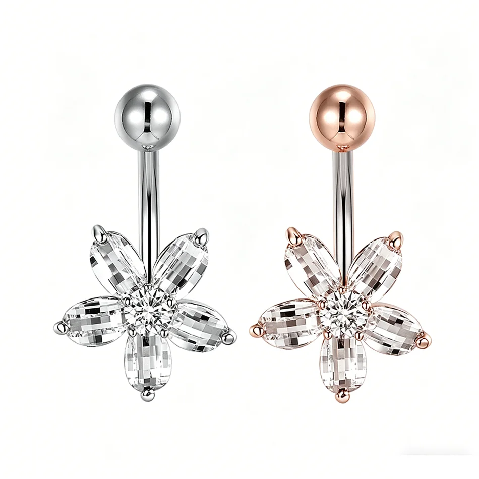 Anillo de ombligo con flor de cristal brillante, 14G, 6-16mm, barra curva de titanio, joyería para piercing de ombligo, accesorio corporal sexy para mujeres y chicas