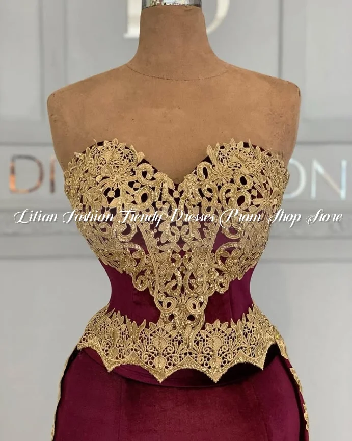 Brown Red Arabian Evening Dress 2025 Elegant Sheath Gold Appliqued Split Bandeau Train Custom Women's Party vestidos de gala