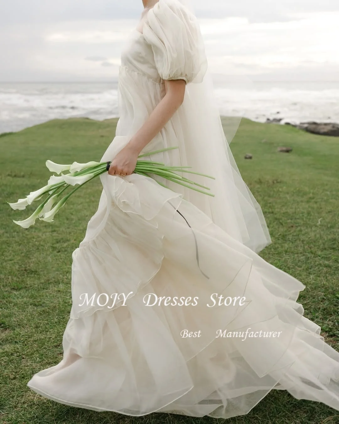فساتين سهرة بأكمام منتفخة حلوة من Mojy بطبقة مستقيمة لحفلات الزفاف الكورية تبادل لاطلاق النار من الحرير تول فساتين حفلات مخصصة مشد لحفلات الزفاف