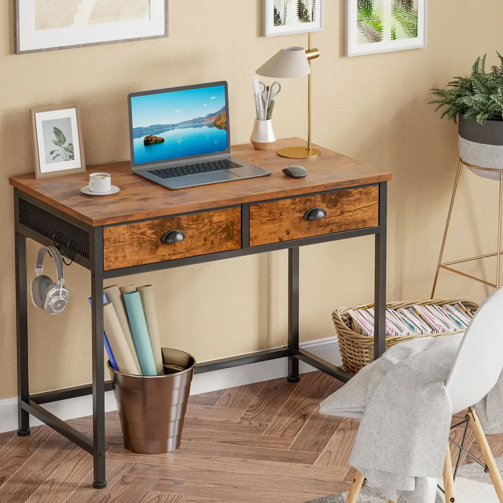 Computer Desk with 2 Fabric Drawers, 36" Home Office Writing Desk, Vanity Desk with Hooks, Study Desk for Small Spaces, Brown