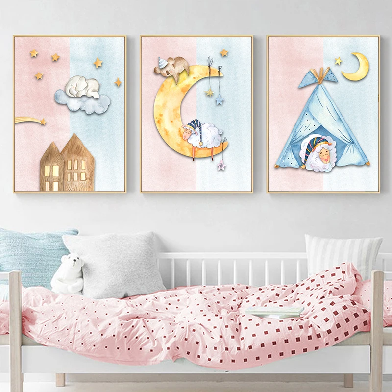 3PCS Watercolor Cute Sleeping Sheep Koala Elephant Moon Star Canvas Prints Nursery Wall Art Posters Unframed for Kids Room Ba