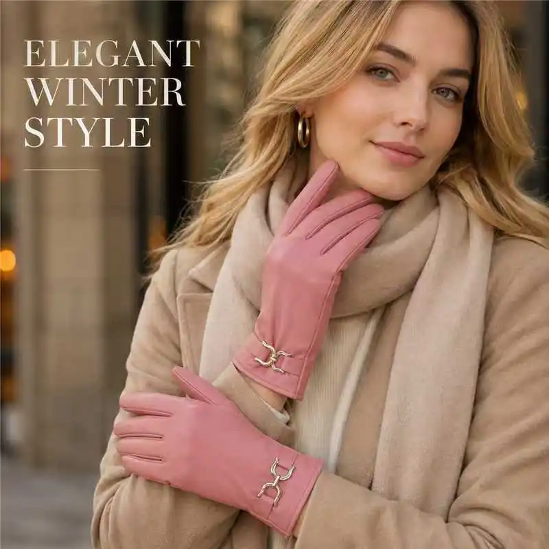 Womens U Shape Buckle Winter Gloves, Full Touch Screen Five Finger Fashion Warm Gloves For Dating And Outfit Matching