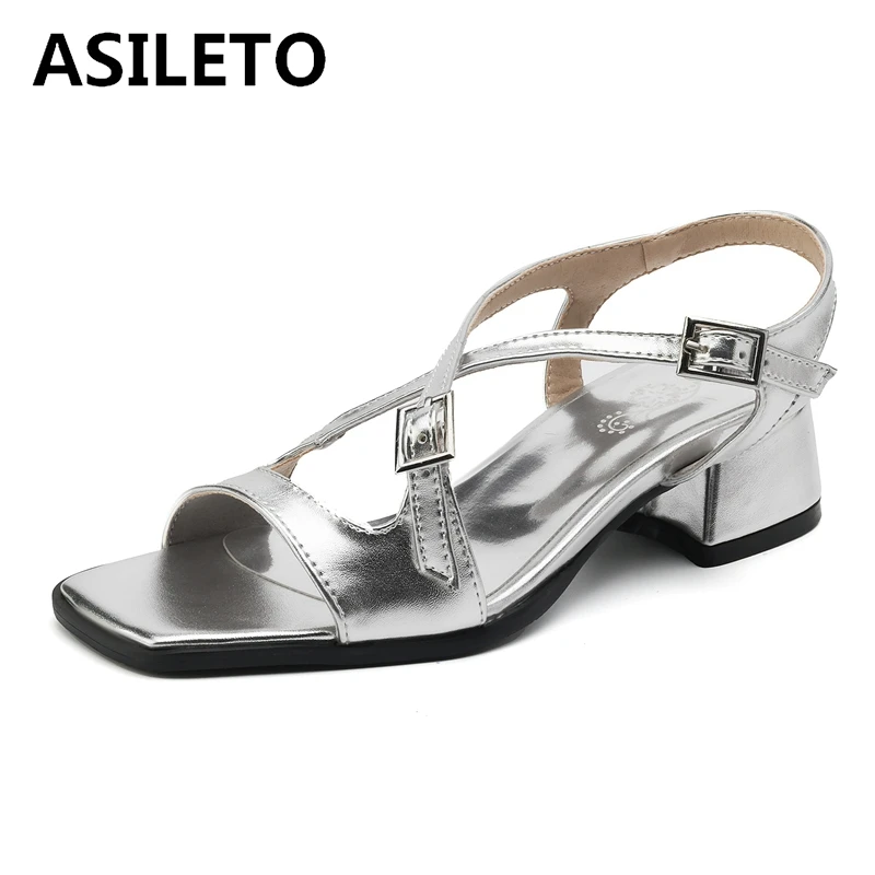 ASILETO 2024 New Peep Toe Women Sandals Strap Buckle 5cm Thick Heel Big Size 40 41 42 43 Dress Silver White Pink