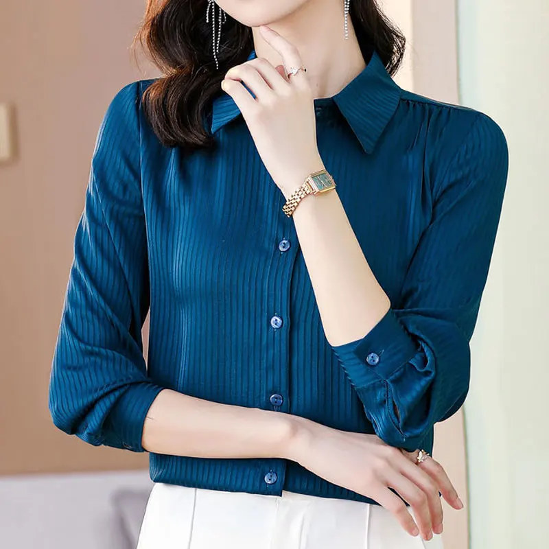 Spring Autumn Striped Solid Color Blouse Women\'s Clothing Commute Long Sleeve Single-breasted All-match Straight Polo-Neck Shirt