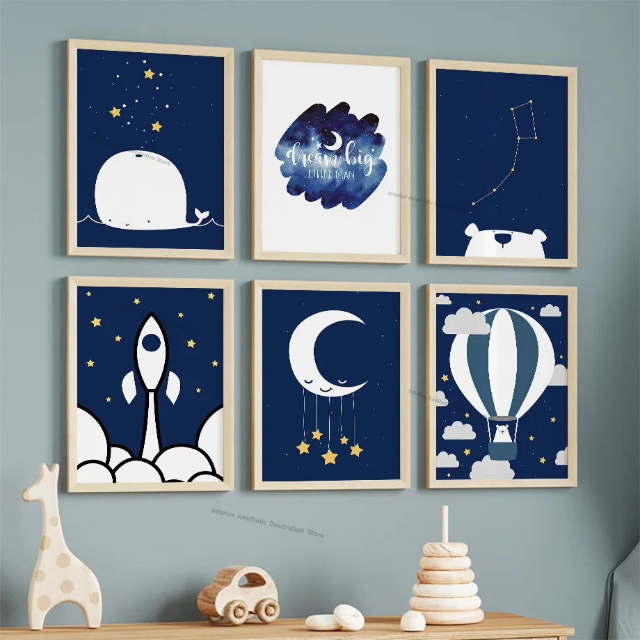 Affiches et impressions sur toile de dessins animés, ballons à air chaud, fusées, lune, ours, baleines, décoration murale pour chambre d'enfant, décoration de chambre pour bébé et enfant