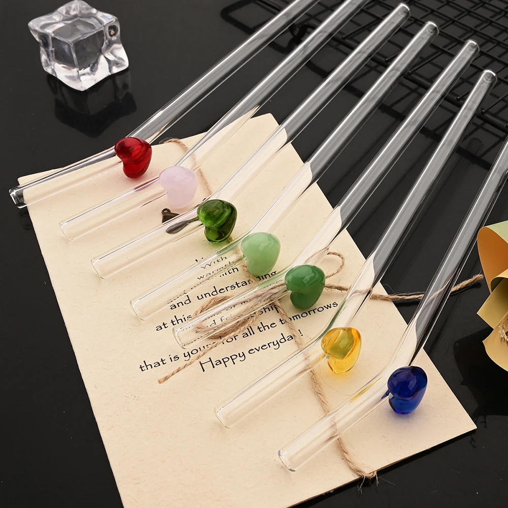 Valentine's Day 4Pcs Reusable High Borosilicate Glass Drinking Straws Set Set with 1 Brush Milk Shake Coffee Cocktail Straw Bar