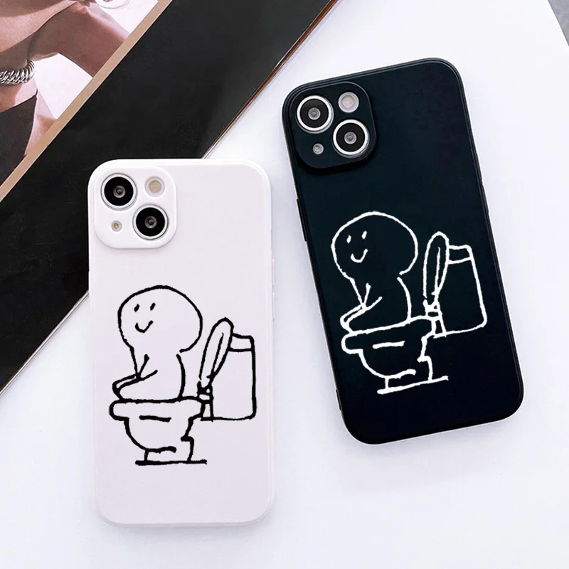 

Funny Line Matchstick Men Couple Phone Case For iPhone 16 15 11 12 13 14 Pro Max SE4 7 8 Plus 16E Shockproof Soft Cover Fundas