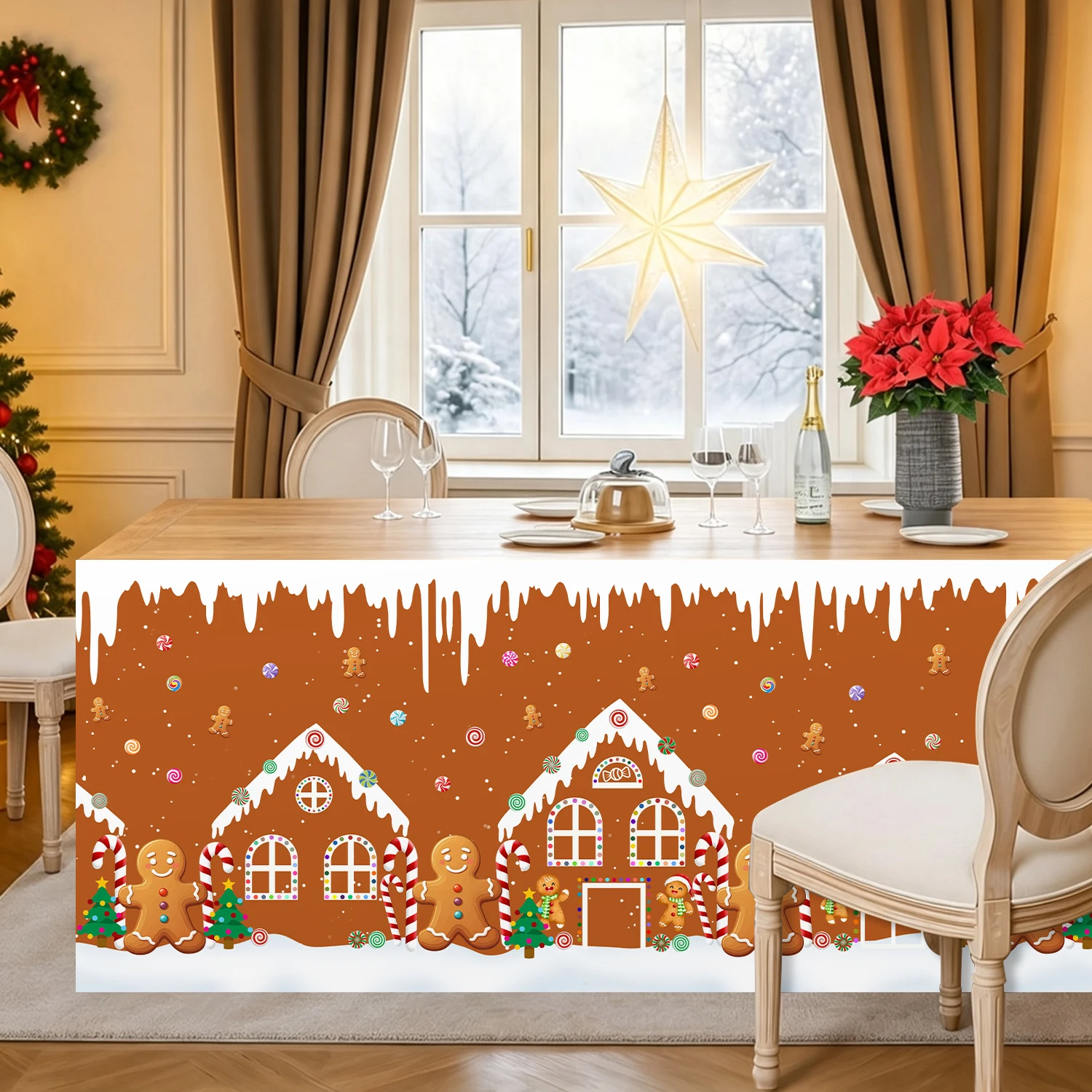 Gingerbread House Christmas Table Skirt Brown Winter Icicle Design Tablecloth for Xmas Holiday Party Dinner Table Decoration