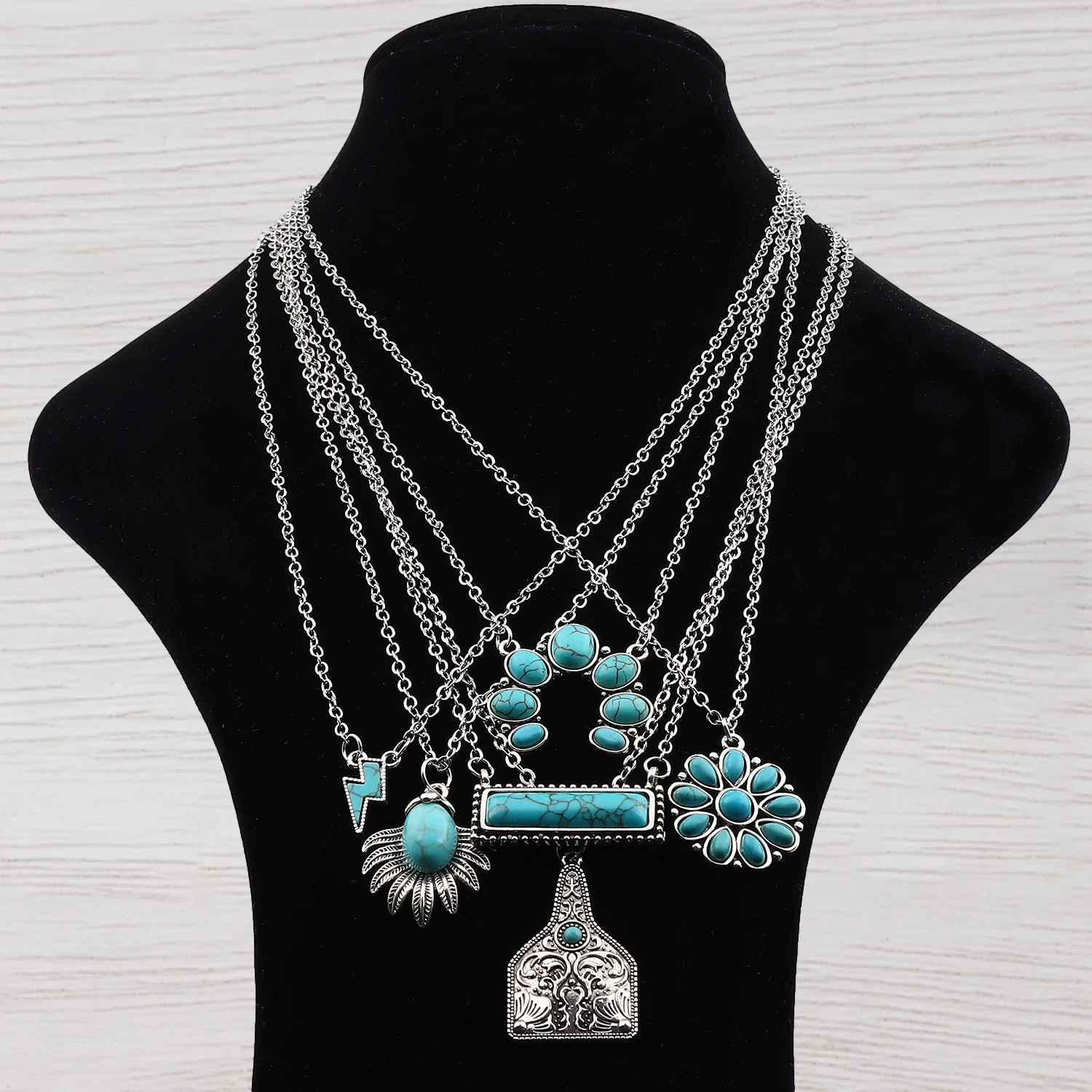 

6pcs Mixed Turquoise Squash Imitation Flash Square Pendant Necklace Adjustable Length Long Choker Link Chain Lagenlook 20"