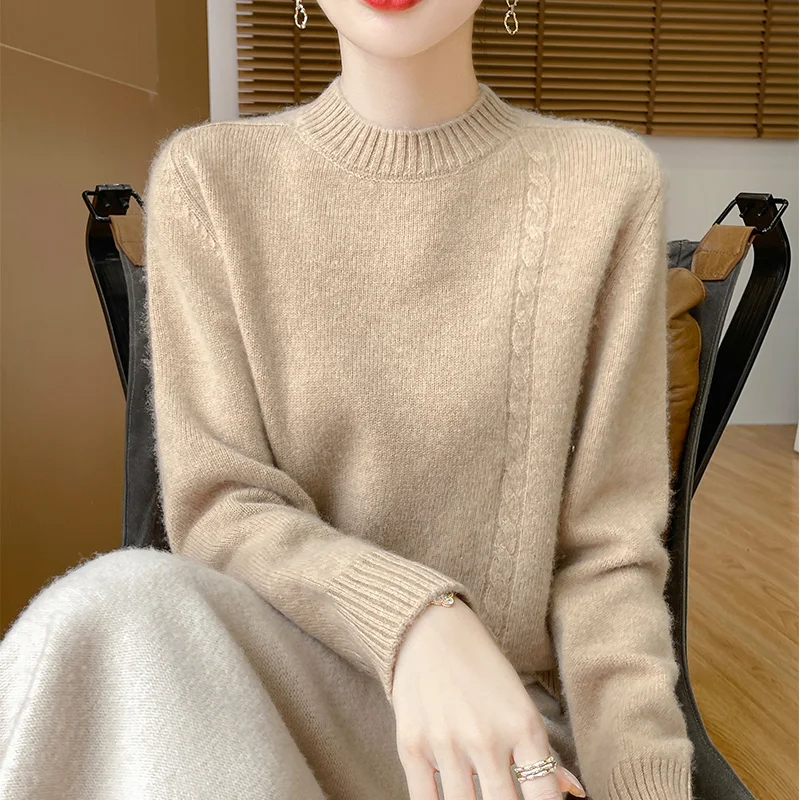 AutumnWinter Round Neck Pure Wool Sweater Women's Long Sleeved Solid Color Loose Elegant Pullover 100% Wool Knitted Top