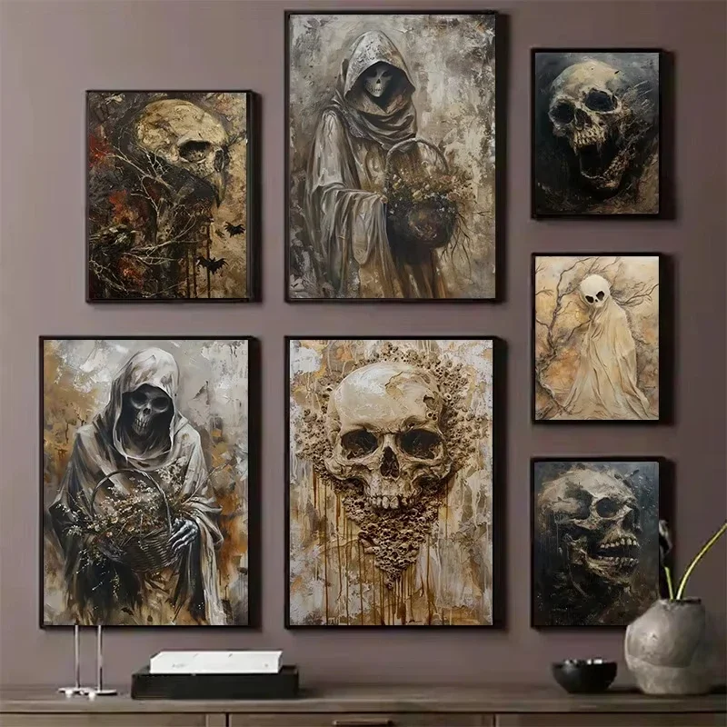 Abstract Horror Skeleton Poster Fantasy Witchy Creepy Festival Canvas Painting Wall Art Halloween Christmas Bedroom Home Deco