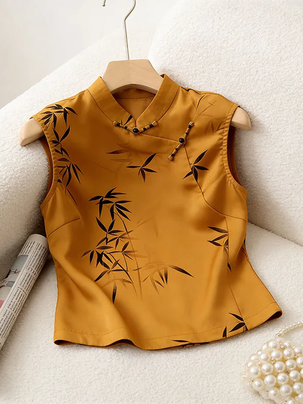 

Yellow Floral Print Oversized Shirt Women's Sleeveless New Chinese Style Summer 2026 Fashion Commute Style Skin-friendly Brea...