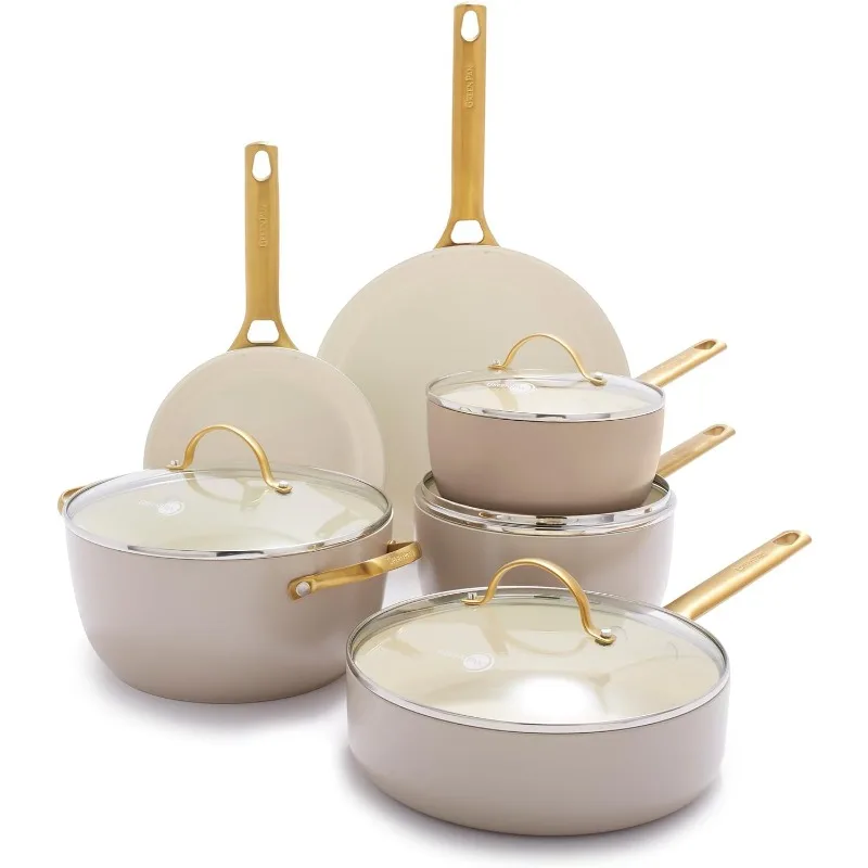 

Reserve Hard Anodized Healthy Ceramic Nonstick Cookware Pots and Pans Set, Gold Handle Dishwasher Safe, Oven Safe