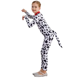 Halloween Kids Dalmatian Costume Spotted Dog Cosplay Outfit Bodysuit Jumpsuit with 3D Tail for Themed Party Roleplay Dress Up