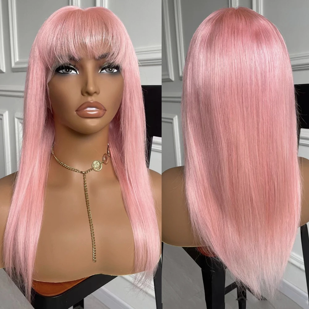 Natural Straight Light Pink Synthetic Lace Front Wigs with Bangs Pink Lace Hair Frontal Lace Wigs For Women Cosplay Daily Life