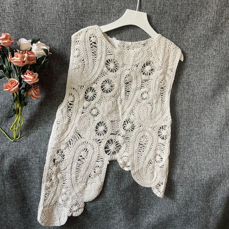 

Вязаный топ из чистого хлопка с ажурным цветочным узором, женский, весна-лето, для многослойных образов, легкая накидка