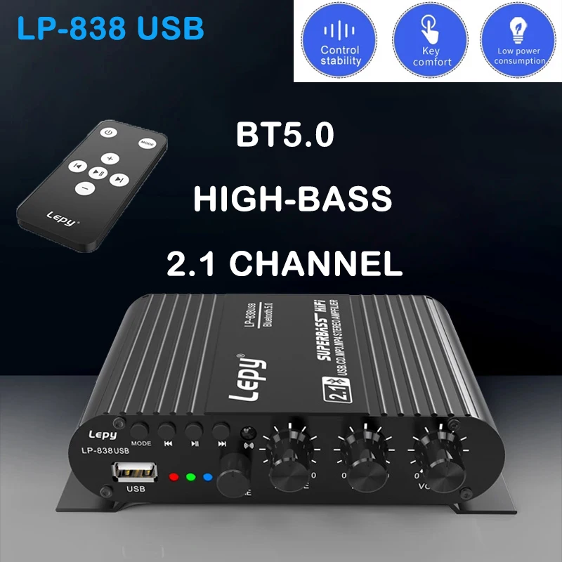 

LEPY 838 USB Bluetooth 5.0 Subwoofer Amplifier HIFI 2.1Ch 12V Stereo Sound Speaker Car Home Amp USB Drive Lossless Music Speaker