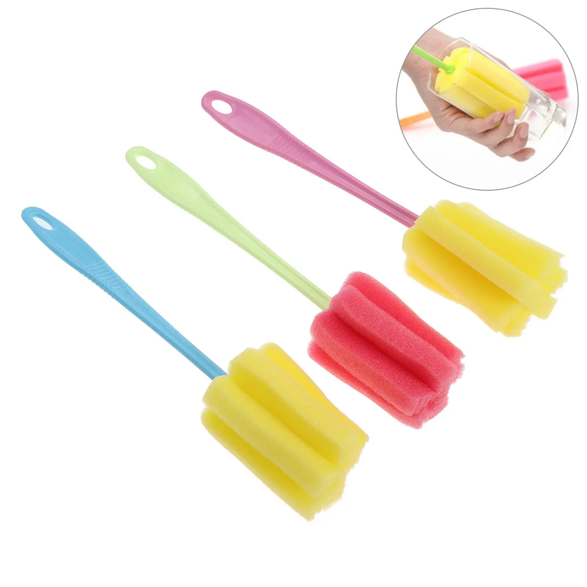 3Pcs Ultra Soft Sponge Bottle Brush Cup Cleaner with Scouring Pad Non Scratch Flexible Long Handle Hangable Design Fast Drying