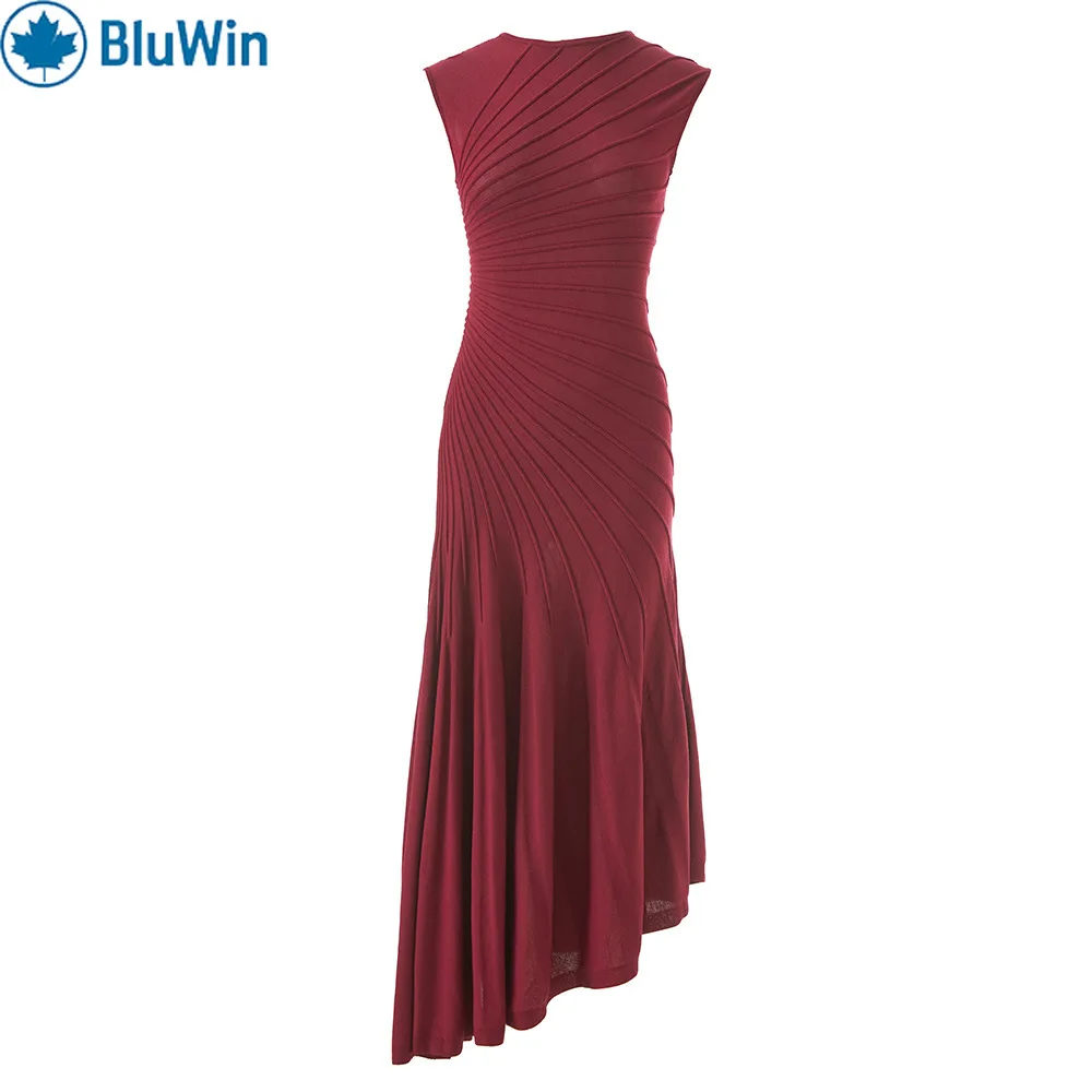 

BluWin Stretch Knit Bodycon Midi Dress Women Wine Red High Waist Flared Hem Formal Evening Cocktail Outfit